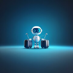 A white robot with blue eyes and a happy expression is standing with two black suitcases in front of a solid blue background.