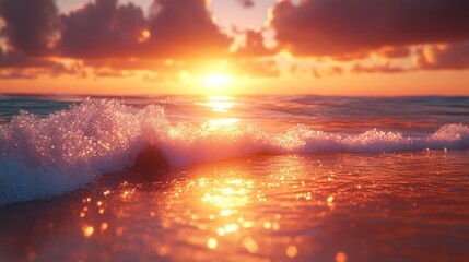 Wall Mural - Golden Sunset Over the Ocean with a Foamy Wave