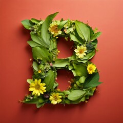 A striking letter B made entirely of lush green leaves and vibrant yellow flowers. The bright botanical elements contrast beautifully with the bold red backdrop, creating a fresh and creative design.