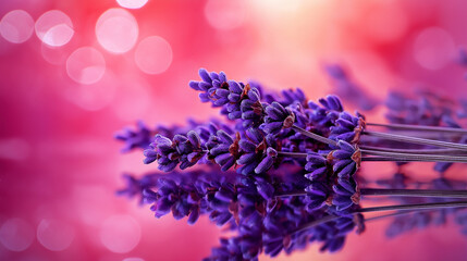 Wall Mural - a high-contrast shot of dried lavender buds placed on a glossy surface, with dramatic lighting creating reflections and highlights