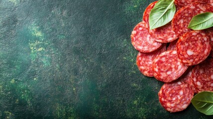 Wall Mural - Sliced cured sausage on green surface with basil leaves