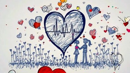 Poster - The artwork features a couple holding hands amidst colorful heart shapes and a heartbeat line, symbolizing love and connection in a playful, imaginative way.