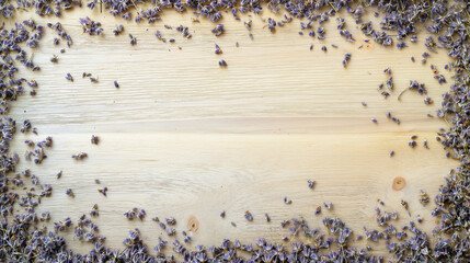 Wall Mural - lavender tea: a natural frame of dried lavender buds, scattered loosely around the edges on a light wooden surface