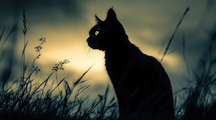 Wall Mural - A black cat is sitting in tall grass, looking at the camera