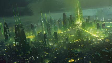 Wall Mural - Futuristic Cityscape with Green Lights