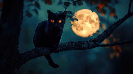 Wall Mural - A black cat is sitting on a tree branch in front of a full moon