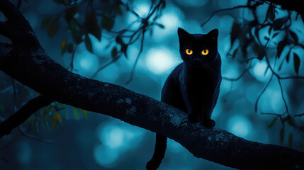 A black cat is sitting on a tree branch in the dark
