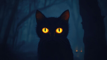 Wall Mural - A black cat with yellow eyes is staring at the camera in a dark forest