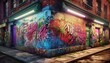 © Pastel - A vibrant street corner features colorful graffiti on a brick wall, illuminated by neon lights, creating an urban artistic atmosphere.