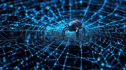 A spider is crawling through a web of blue lines
