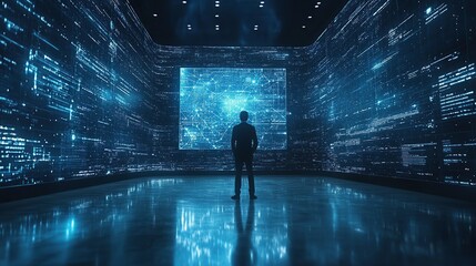 Silhouette of a person standing in a room surrounded by glowing blue digital code and lines.