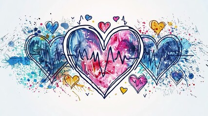 Poster - Three artistic hearts filled with vibrant colors and heartbeat lines symbolize love and emotions, creating a visually engaging and dynamic composition.