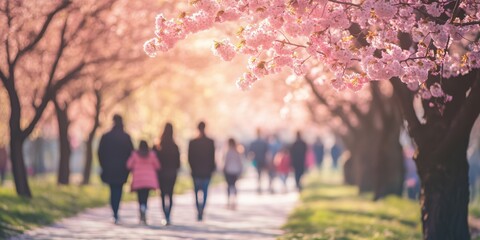 People walking through a cherry blossom path, defocused