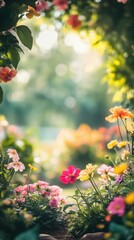 Defocused outdoor nature background framed by spring flowers