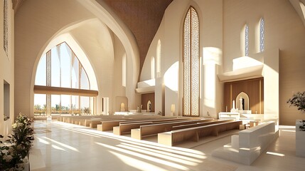 Modern Church Interior with Ornate Windows