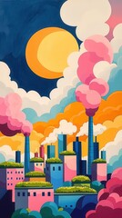 Poster - Colorful Cityscape with Smoke Stacks.