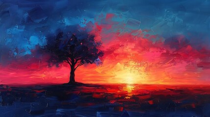 Dynamic dawn sky in abstract art vibrant pinks and blues with the silhouette of a single tree