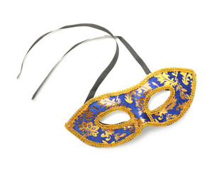 Canvas Print - Beautiful blue carnival mask on white background, top view