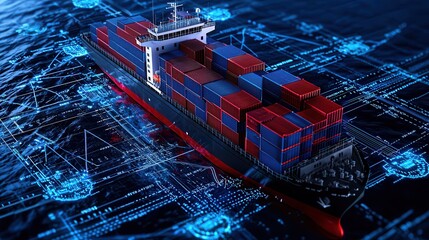 Wall Mural - Intersection of Logistics and Finance: Container Ship with Supply Chain Diagrams and Financial Charts Overlaid