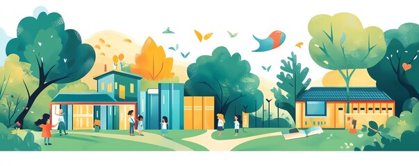 Creative image showcasing a community event focused on literacy awareness, with colorful banners, books, and educational activities, modern design