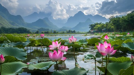 Poster - Tranquil Lotus Pond in a Misty Mountain Landscape