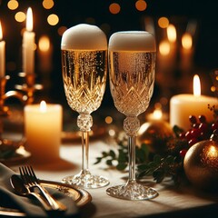 A festive table setting with two glasses of champagne, elegant candles, and holiday decorations, perfect for a celebration or special occasion