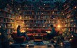 © Thanaseth - Illustration of passionate book lovers in a cozy reading nook surrounded by shelves of books, warm and inviting design, modern and engaging atmosphere