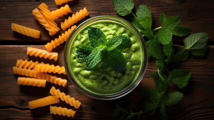 Wall Mural - overhead shot of a green smoothie with straws on a wood table  