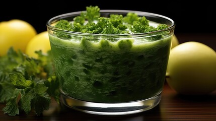 Canvas Print - overhead shot of a green smoothie with straws on a wood table  