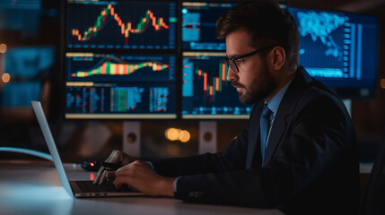 Canvas Print - portrait of a businessman working on laptop computer for online trading sitting in modern office