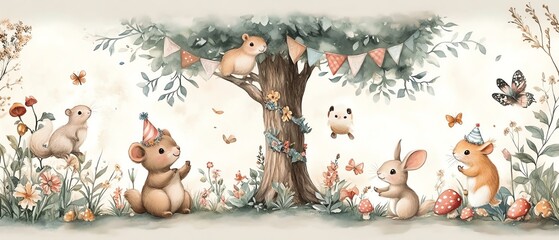 A whimsical forest pattern with adorable animals in party hats bears