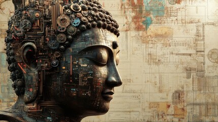 Wall Mural - A detailed profile of a Buddha statue, crafted from gears, circuitry, and metal.