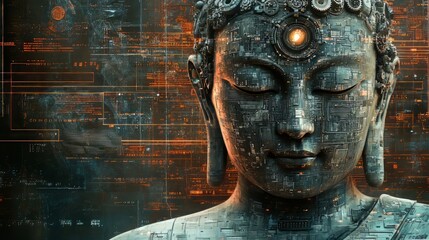 Sticker - A futuristic digital rendering of a serene Buddha.