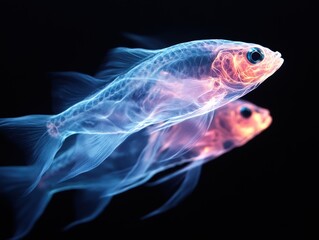 Glowing deep sea fish in synchronized motion, their bioluminescent trails creating a dynamic underwater scene of survival