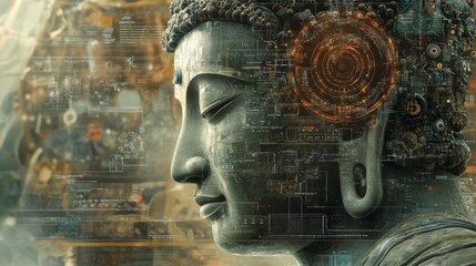 Wall Mural - Buddha statue with abstract digital overlay.