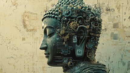 Buddha's Head with Grunge Texture and Mechanical Elements.