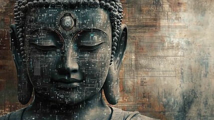 Wall Mural - Digital Buddha, a peaceful meditation with futuristic technology overlay.