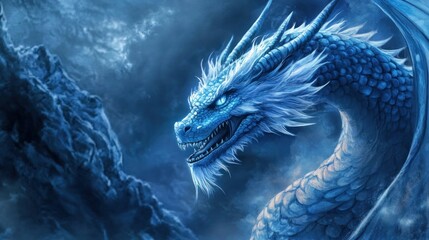 Illustration of a big blue dragon, HD wallpaper background. Ai generated image