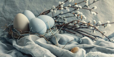 Gray Blue Shade Easter Eggs with Willow Branch on Rustic Textile