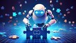 © Pastel - A futuristic robot with glowing eyes assembles a puzzle against a digital backdrop filled with floating puzzle pieces.