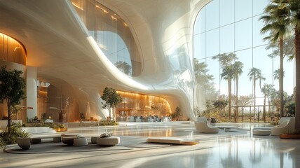 Wall Mural - Modern architectural interior with palm trees and natural light.