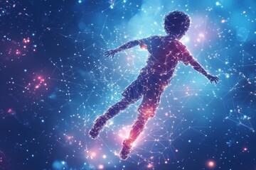 A child is flying through space with a blue background