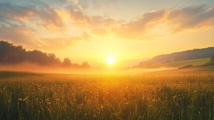 Wall Mural - Misty Sunset Over a Field of Wildflowers and Rolling Hills