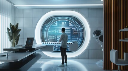 Canvas Print - Futuristic Interior with Man Analyzing Data