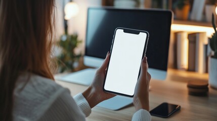 woman holding a mobile phone with a blank desktop screen generative ai