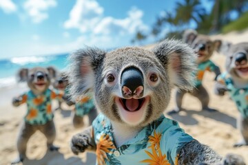 A group of baby koalas are wearing Hawaiian shirts and posing for a picture