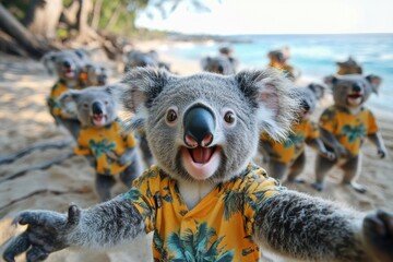 a group of baby koalas wearing hawaiian shirts are posing for a picture