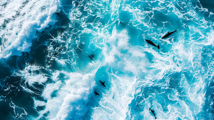 Aerial view Group of dolphins swimming in the ocean with crashing waves, symbolizing the beauty of marine life. Protect animals and the ocean environment. Background marine life