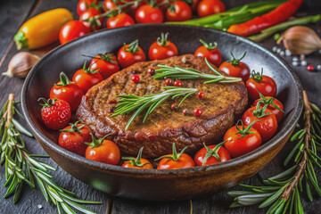 Vibrant plant-based vegan seitan steak sizzles on a dark background, surrounded by juicy tomatoes and fragrant rosemary pepper, evoking a savory and aromatic culinary experience.