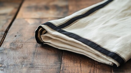 Close-up of a cream cotton dhoti with black borders, folded on a rustic wooden table, no people or logos.